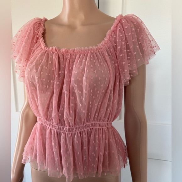Peace Lotta Stensson Pink Polka Dot Mesh Stretch On Off Shoulder Blouse Top XS - Picture 2 of 3